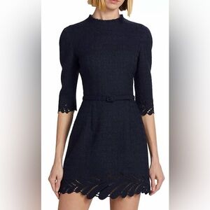 NEW OSCAR DE LA RENTA Fern sz 4 embroidered 3/4 sleeve tweed dress navy no belt!